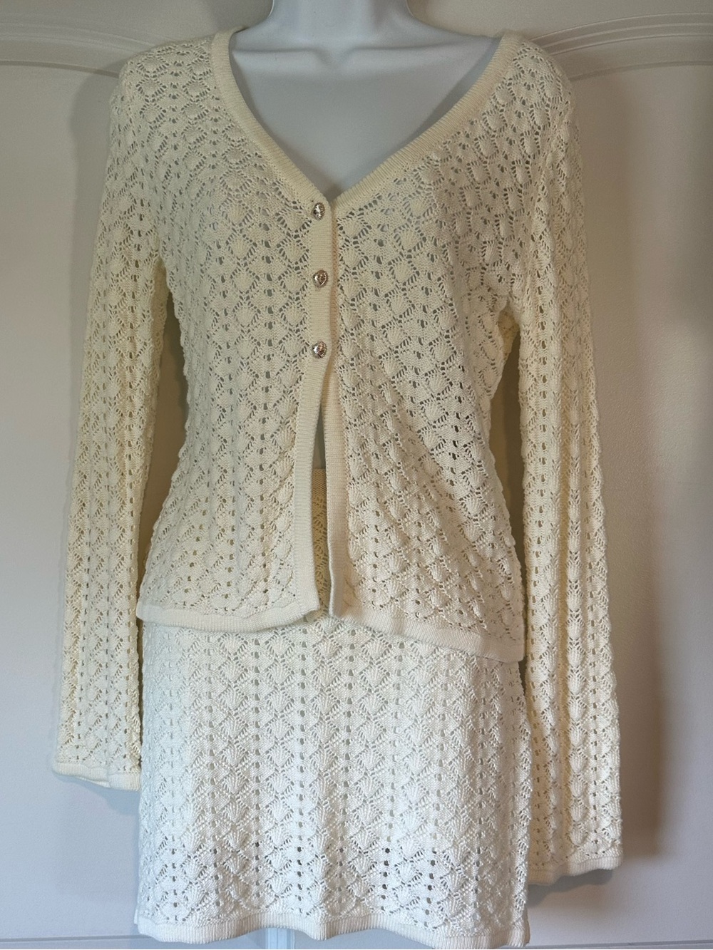 Commense Cream Openwork Knit Cardigan & Skirt Set